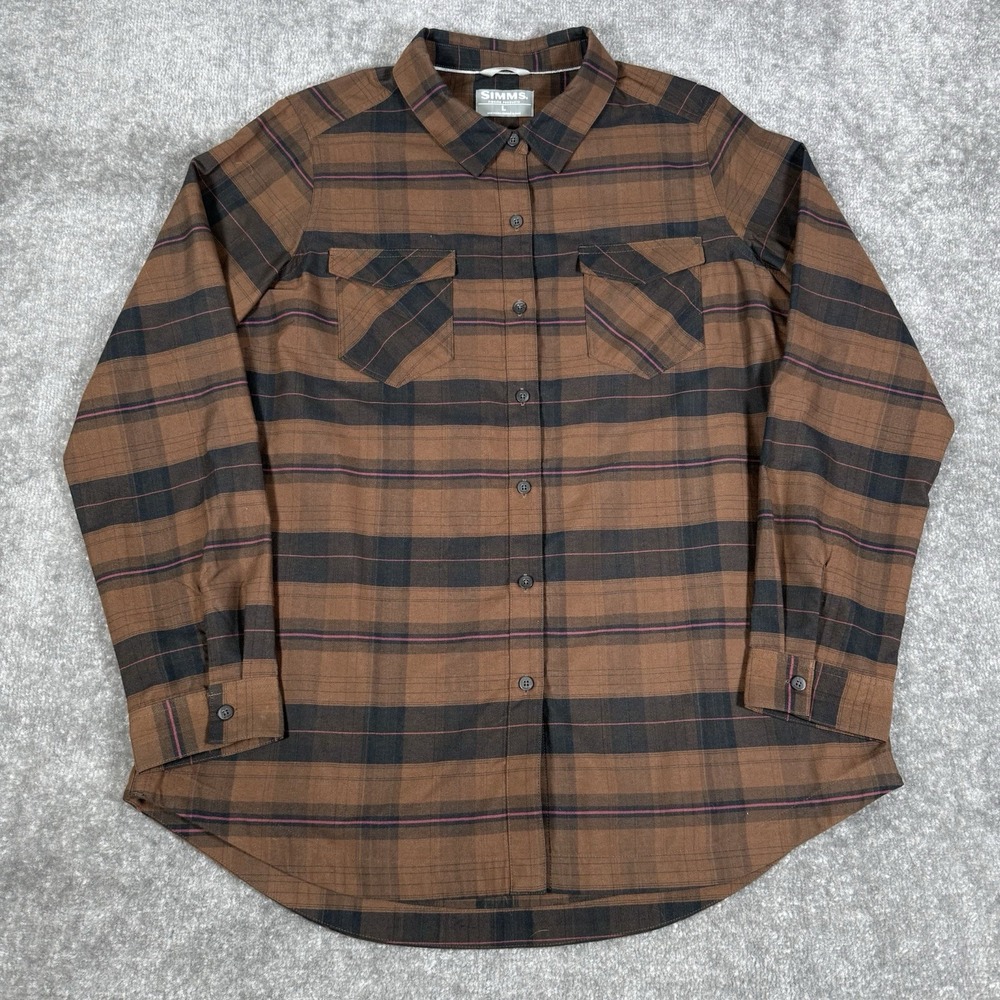 Simms Shirt Women's Large Brown‎ Plaid Flannel Long Sleeve Button Up Fishing